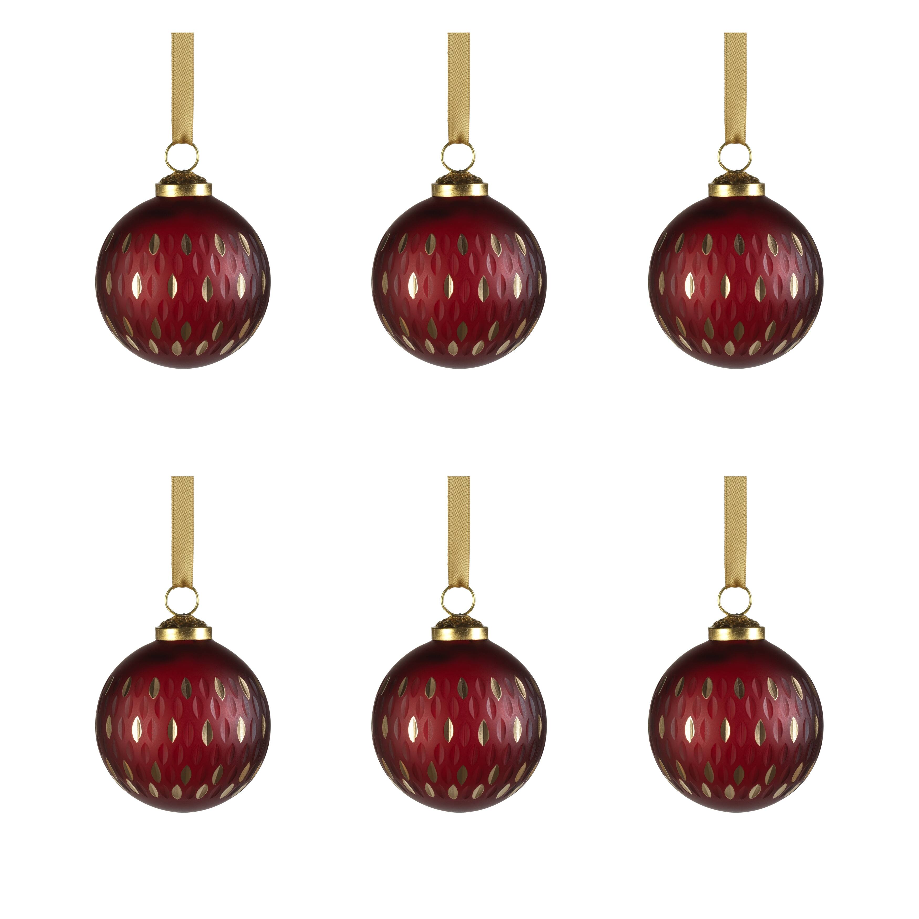3" Red Frosted & Etched in Gold Glass Ball Ornaments, Set of 6 Bed